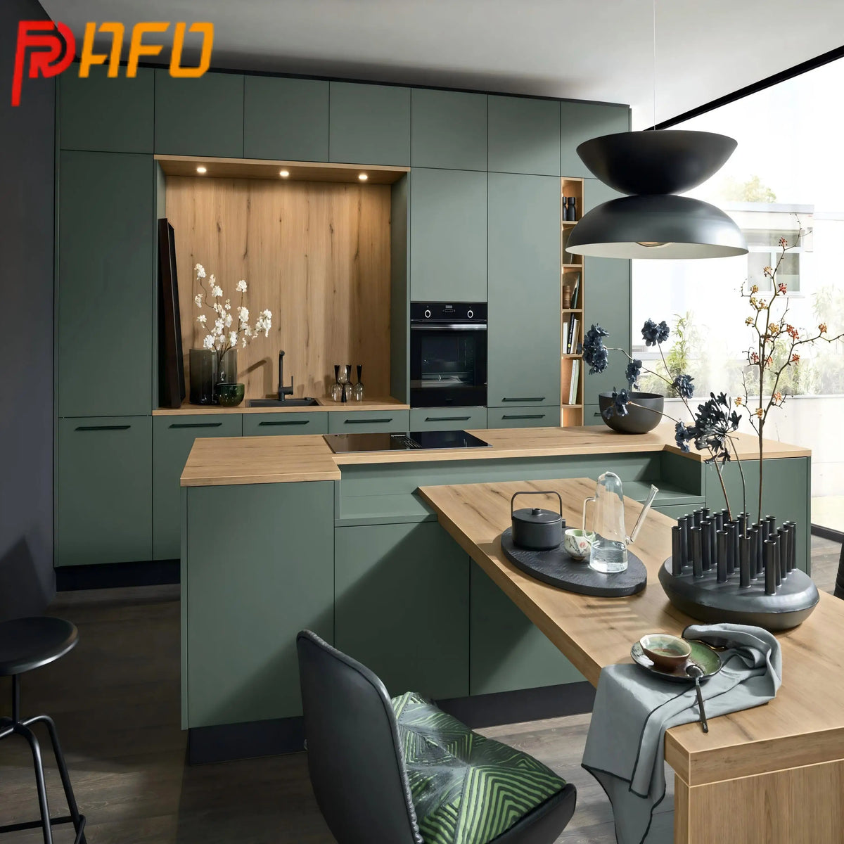 Refor Custom Black Green Lacquer Matt Finished Kitchen Cabinets with Island Refor Smart Furniture Marble Laminate Countertops