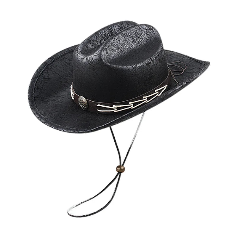 Classic Men's Leather Western Cowboy Hat Black Cattlemen Style-Fashionable Versatile Casual Outdoor Sports Travel Party Fishing