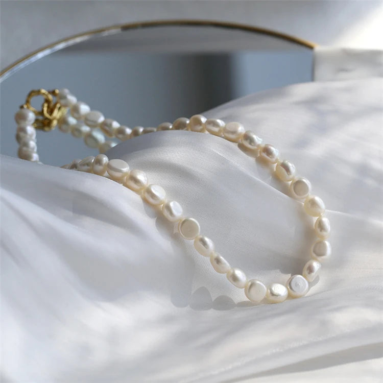 Aimgal White Baroque Pearl A-Grade Trendy Choker Necklace 18K Gold Plated Brass Beaded Link Chain Women's Fine Jewelry Wholesale