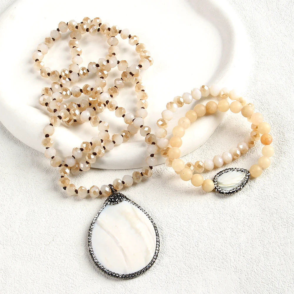New Fashion Bohemian Style 8MM Glass Bead Knot Necklace Drop Shell Pendant Necklace  2pcs Leaf Shell Charm Stack Bracelet Set