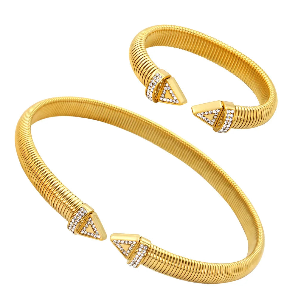 Stainless Steel 18k Gold Plated Waterproof Jewelry Set Triangular Zircon Open Bracelet Women Necklace Non Tarnish YF6084
