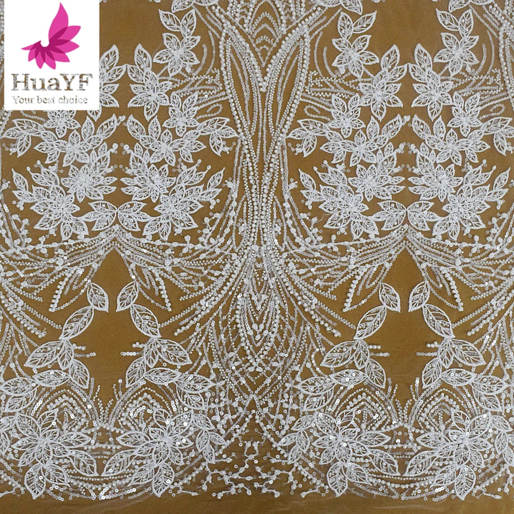 HY2010 French Pure White Beads Sequin Lace Textile Romantic Bridal Wedding Fabric by the Yard Embroidered Polyester Fabric