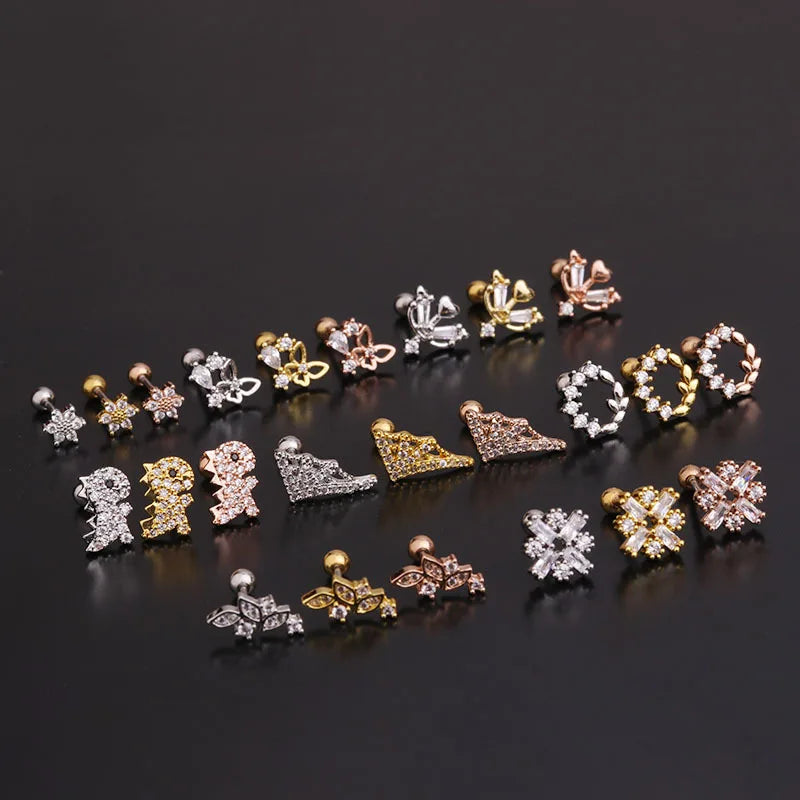 Wholesale Stainless Steel Piercing Stud Earring Fashion Creative Flower Bird Butterfly  Leaf Shaped Shiny Zircon Earrings Female