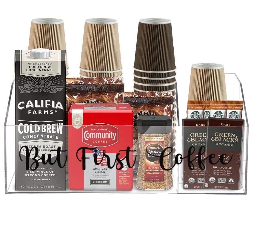 Acrylic Coffee Station Organizer with Pod Holder Countertop Office Bar Accessories Storage Basket Cup Sugar Tea Display Rack