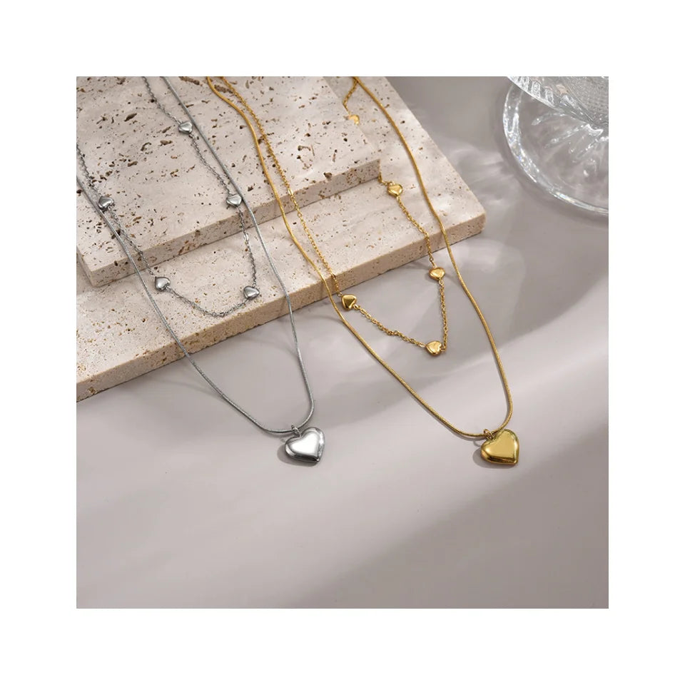 Wholesale 18K Gold Plated Double Layer Chain Multi Heart Necklace Stainless Steel Forever Love Heart Pendant Necklaces