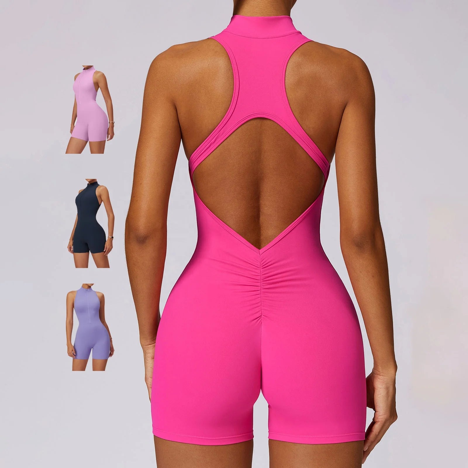 YIYI Half Zipper Sleeveless Workout Rompers Hollow Out Back Scrunch Butt Gym Yoga One Piece Set Jumpsuits Playsuits Bodysuits