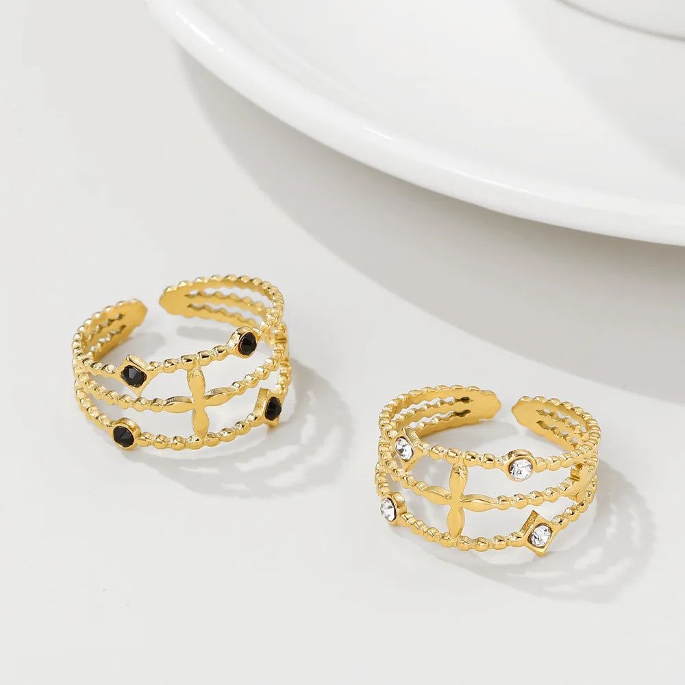 Vintage Stainless Steel Cross Finger Ring Jewelry Gold Plated Adjustable Zircon Ring for Women