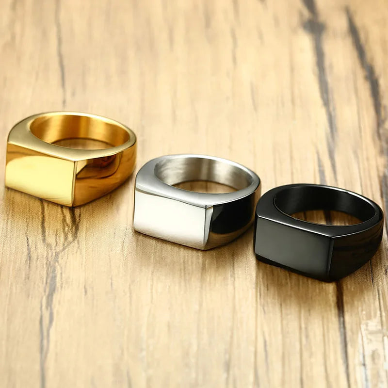 Minimalist Jewelry Chunky Engraved Name Logo Custom Gold Plated Geometric Signet Ring Stainless Steel Dome Band Rings