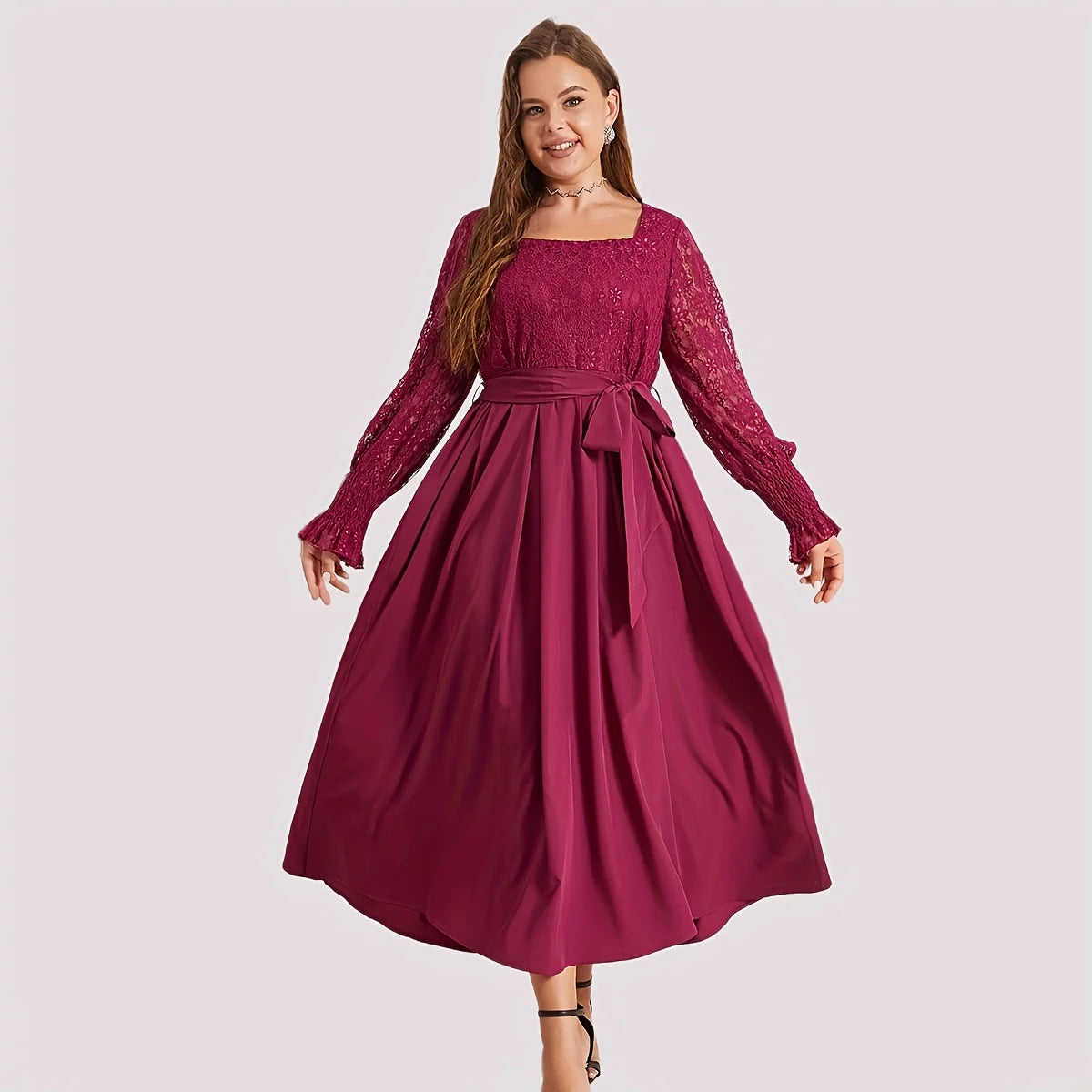 TICOSA Elegant Solid Color Evening Dress Plus Size Ball Gown Square Collar Fungus Tie Waist Pleated Lace Pleasing for Any