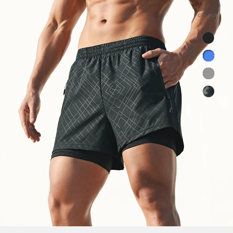 Mens Summer Lightweight 2 1 Running Shorts Quick Dry Breathable Spandex/Polyester Liner Zip Pockets Drawstring Closure Workout