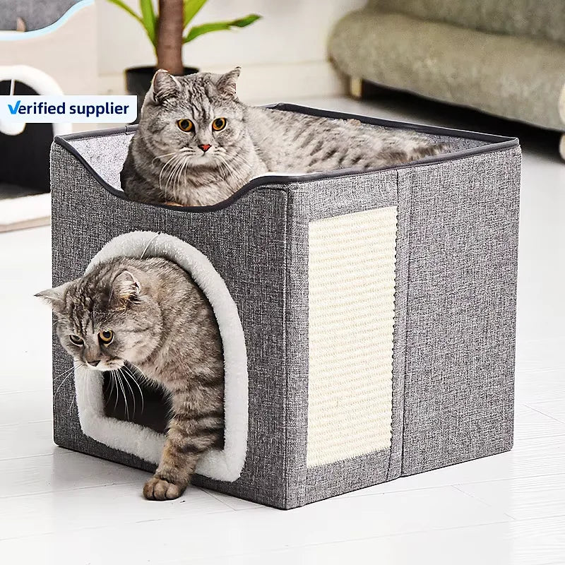 New Arrival Large Foldable Cat Cave Indoor Cat Bed with Fluffy Ball and Scratch Pad Perfect Hideaway for Pets