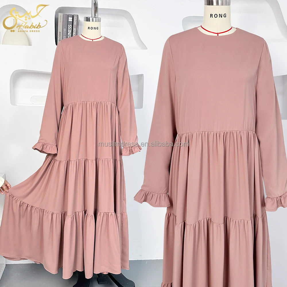Fast Shipping Muslim Women Long Dress Wholesale pink Tiered Dress