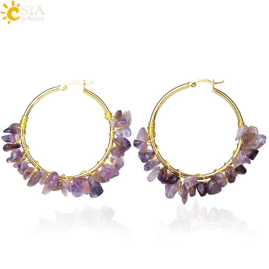 CSJA 2025 Fashion Jeweley Handmade Boho Wire Wrapped Gemstone Turquoise Crystal Chip Bead Hoop Earring Women H015