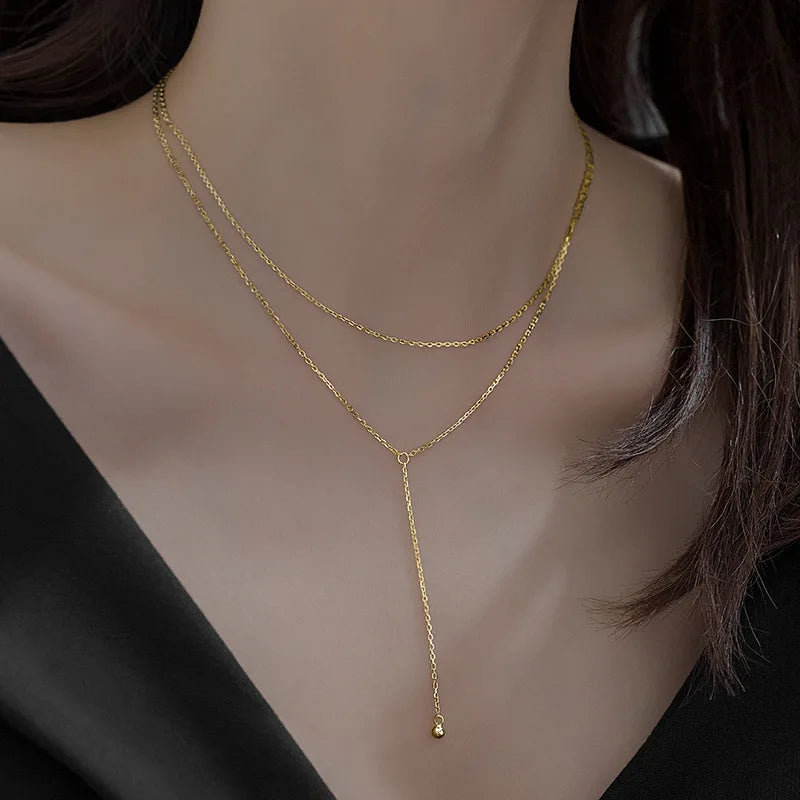 925 Sterling Silver Trendy Jewelry for Women Elegant Long Tassel Double Layers Necklace