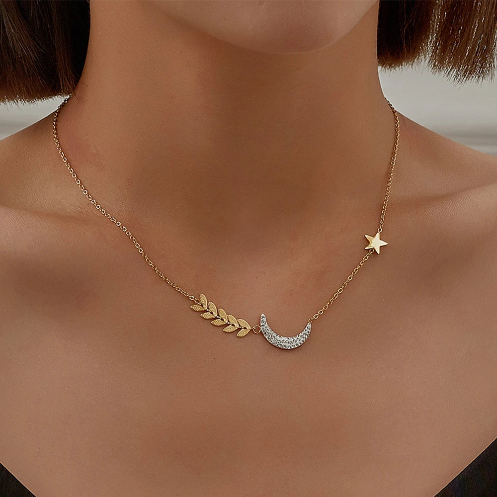 Jewelry Gold Color Stainless Steel Leaved Moon Necklace Crystal Crescent Moon Star Necklace