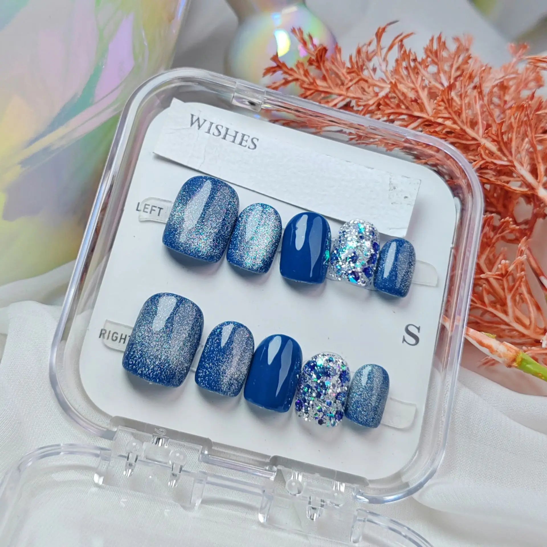 French Series Short Square Glitter Sequin False Nails Art Removable Nail Patch Press-On Nails for Finger ABS Material Reusable