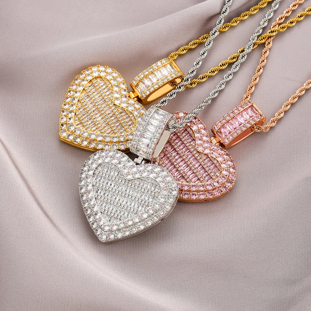 Custom Heart Pendant Photo Iced Out Bling  Women Gold Heart Pendant Couples Jewelry Diamond Love Pendant