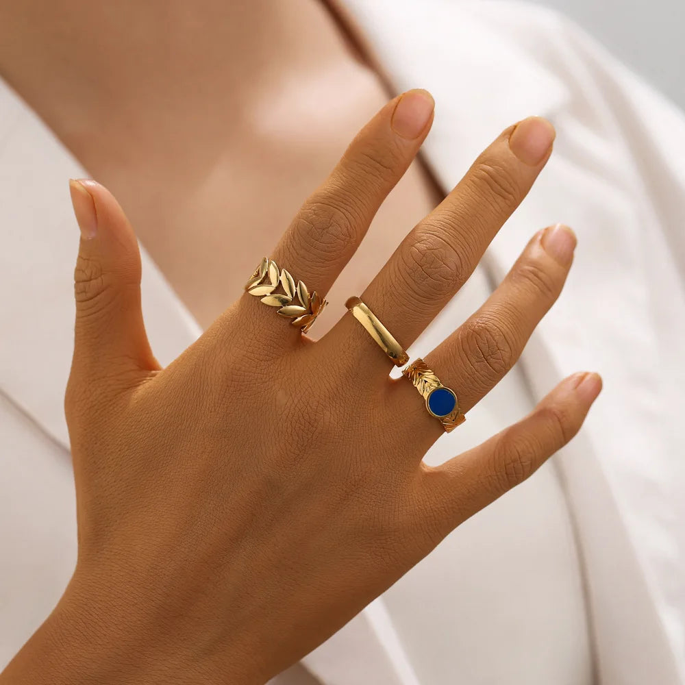 Beimai OEM Anillo Wheat Ear Leaf Round Dot Oil Drop Open Gold-plated Stainless Steel Adjustable Ring Set