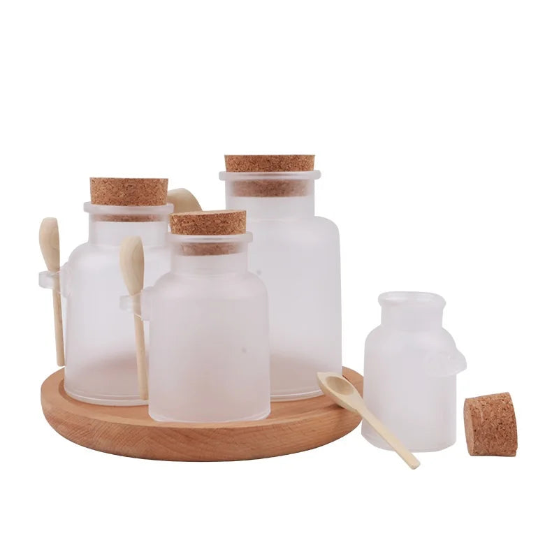 100g 200g 300g 500g Bath Salt Bottle ABS Plastic Frosted Jar Cork Lid Cosmetic Facial Powder Refillable Bottle with Wood Spoon