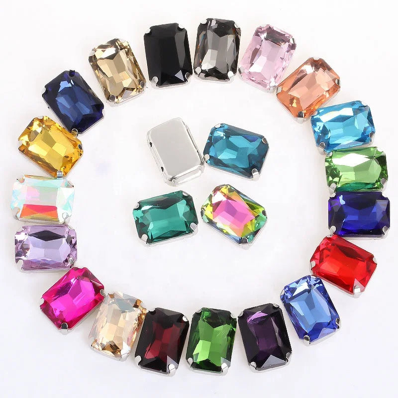 28 Colors Factory Price 3D Long Octagon Shape Flatback Glass Motif Rhinestones with Sew-On Setting for Dress
