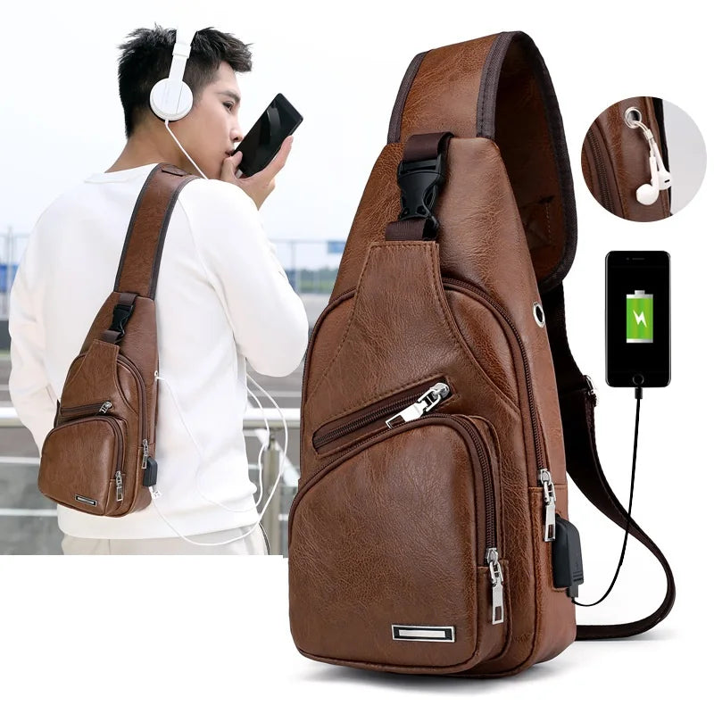 Wholesale 2026 New Korean Fashion Charging Men Chest Bag Outdoor Leisure PU Leather Single Shoulder Bag