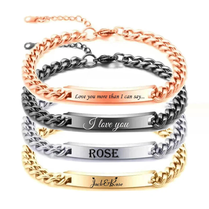 New Arrivals Engraving Men's Stainless Steel Rose Gold Plated Custom Name Bar Bracelet with Crystal & Rhinestone for Anniversary