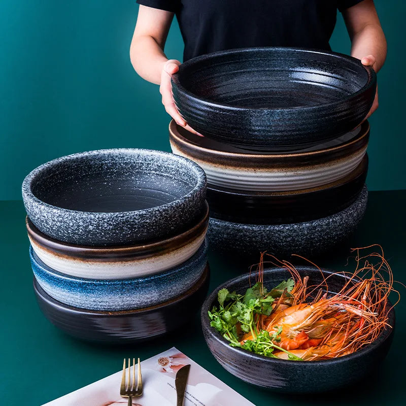 10'' Stock Wholesale Catering Vintage Japanese Restaurant Home Thick Edge Stoneware Ceramic Noodle Bowl