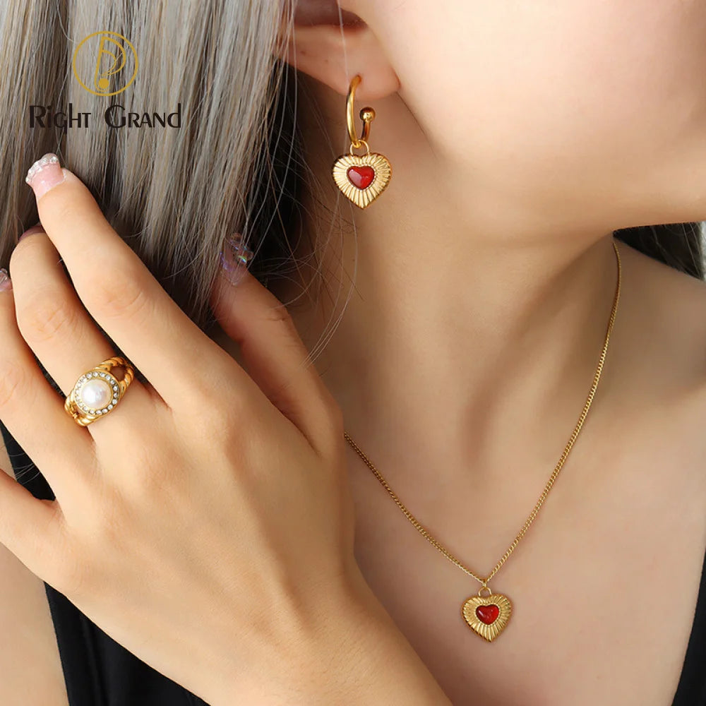 Hot Online Celebrity Jewelry Agate Peach Heart Design Sense Stainless Steel 18 Gold Plated Jewelry Set