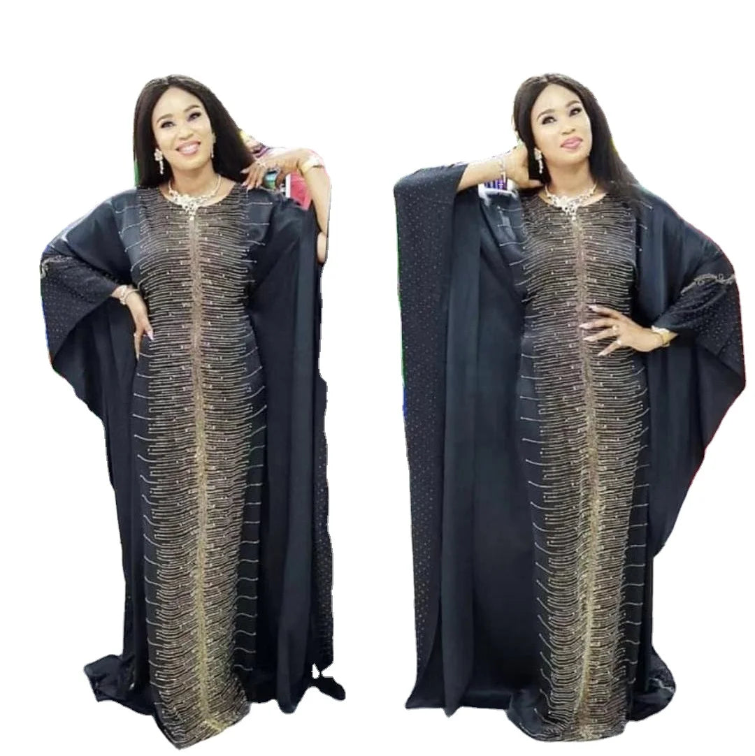 Modest African Luxury Diamond Batwing Sleeve Dress Women Summer Solid Dresses Abaya Robe for Women K0115