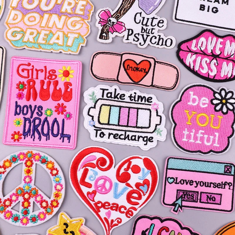 Pink Cartoon Heart Letter Embroidery Rainbow Letter Iron on Patches Custom Embroidery Logo Patches for Girls Clothing Hat Decor