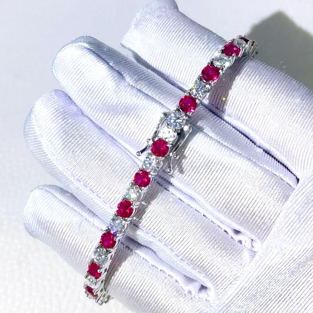 Zuanfa Jewelry 10K 14K 18K White Gold Moissanite Mix Synthetic Ruby 4MM Diamond Tennis Bracelet