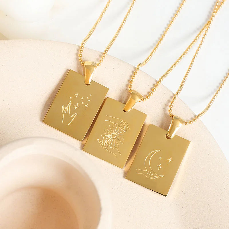 Women Jewelry 18k Gold Plated Astrology Amulet the Sun Star Moon Rectangle Case ACE Card Sign Pendant Necklace