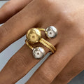 New Minimalist 18K Gold Stainless Steel Ring Two Tone Mixed Color Three Layer Line Steel Ball Open Rings