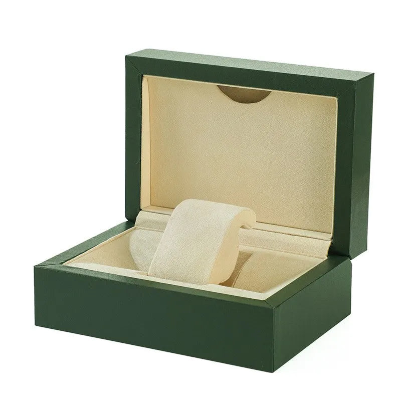 Custom Luxury Green Leather Single Watch Box With Wave Embossed Lid Premium Cream Velvet Interior Individual Timepiece Gift Case