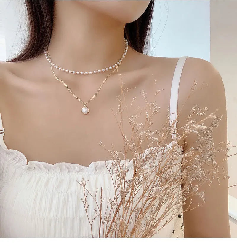 Personalized Fashion Ins Style Double-layer Pendant Pearl Necklace Women's Simple Necklace Jewelry