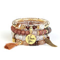New Boho Beaded Bracelet Multi-Layer Wing Tassel Wooden Bodhi Beads Love Pendant Jewelry Set Women