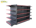 Heavy Duty Metal Supermarket Gondola Shelf Display Racks with Double-Sided Solid Shelves for Grocery Stores