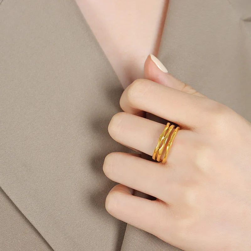 Customized Non-Mainstream Style Three-Layer Hollow Geometry Open Titanium Steel Gold Simple Exquisite Girl Rings for Women