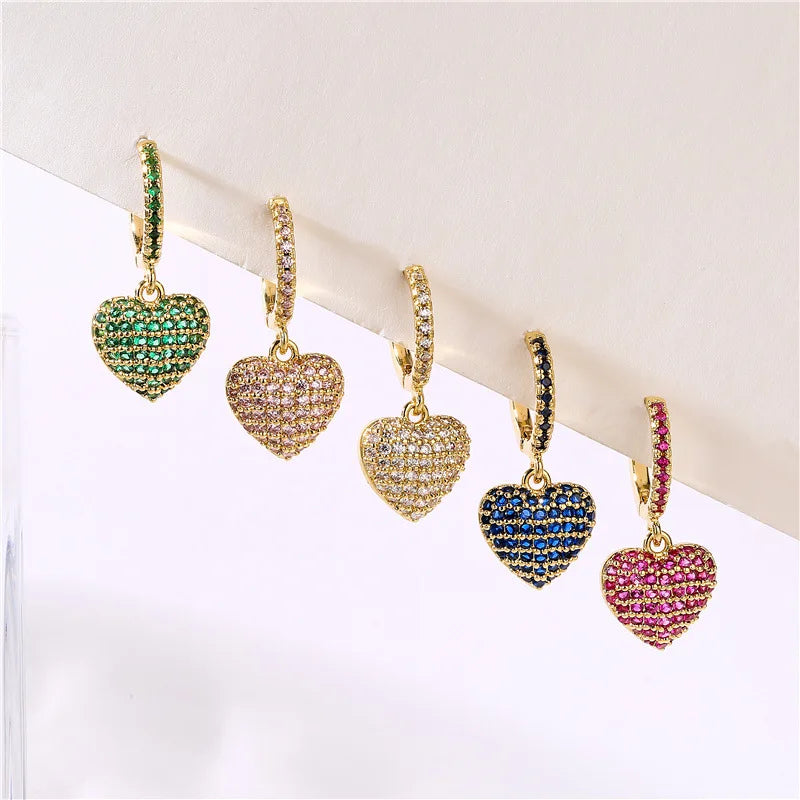 French Elegant Luxury Diamond Setting Huggie Hoop Earrings Colorful Zircon Heart Earrings for Women