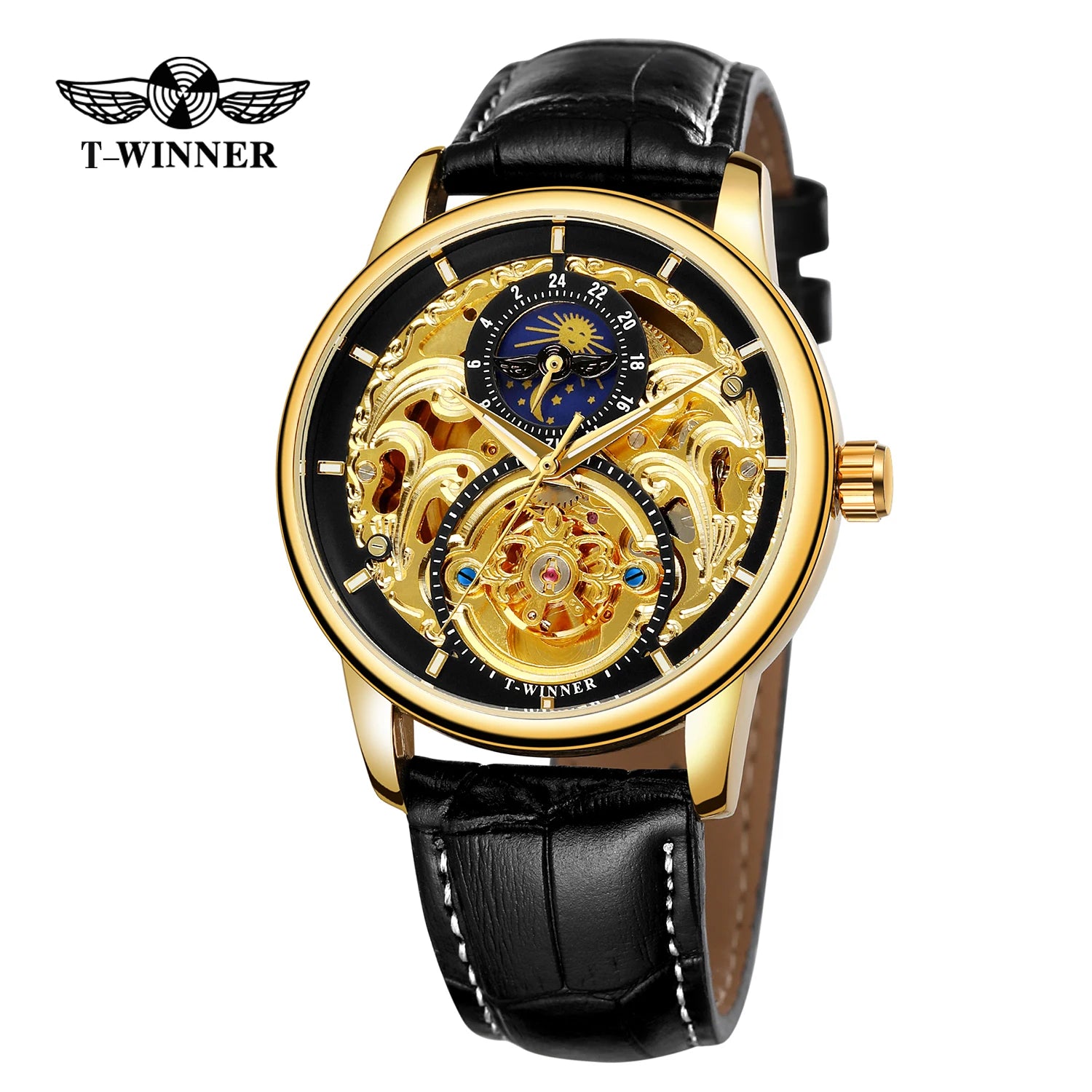 China Wholesale Brand T-WINNER Water Resistant Watch OWN a MASTERPIECE Men Genuine Leather OEM Skeleton Wrist Watch Luxury