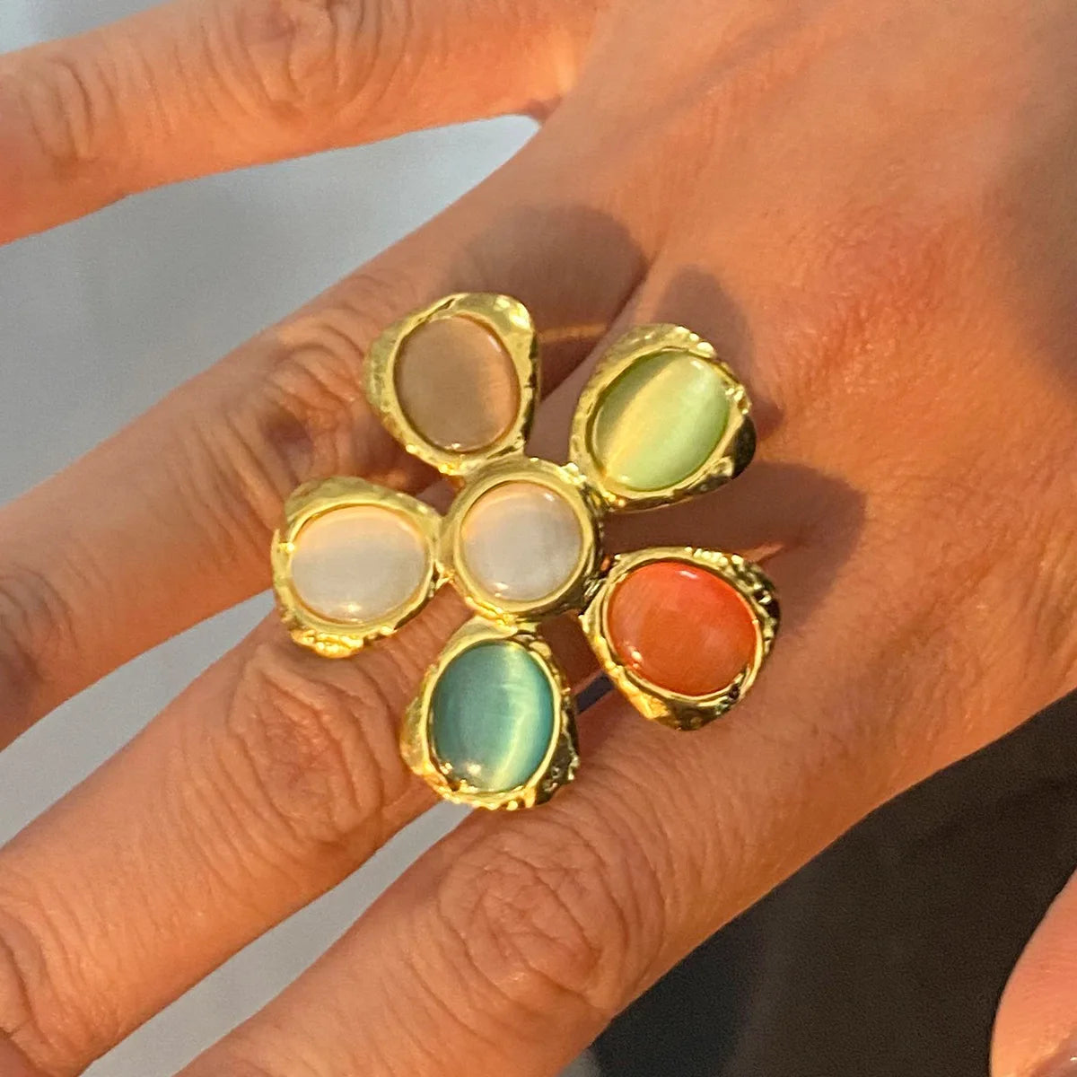 Stainless Steel Golden Big Colorful Cat's Eye Flower Ring Chunky Art Deco Flower Ring Statement Summer Jewelry Perfect Gift