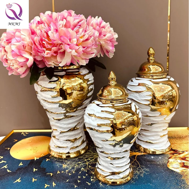 Modern Home Decor Ceramic Vase Decoration Golden Ginger Jar Wrinkle Table Ceramic Decoration for Flower Vase