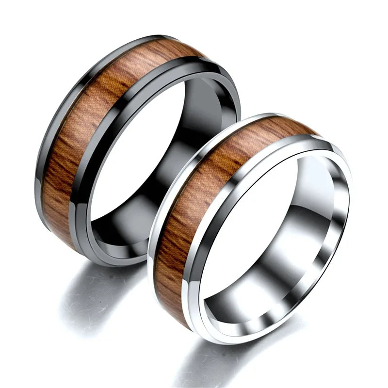 Creative Wood Grain Inlaid Stainless Steel Rings for Men Women Unique Comfort Fit Couple Love Forever Jewelry Party Suitable