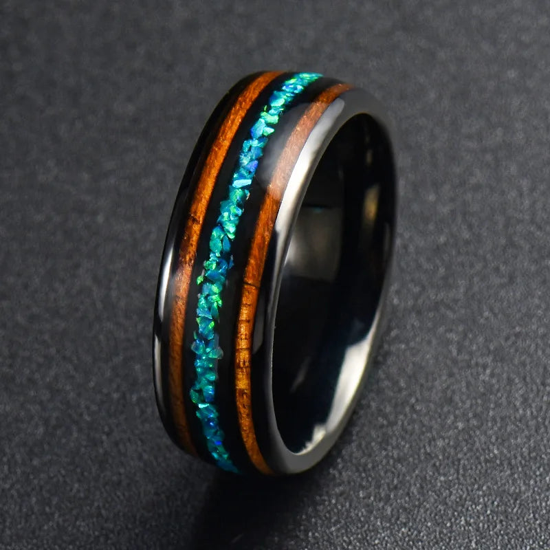 Poya Wholesale Trendy Jewelry Mens 8mm Black Plated Koa Wood Inlay Blue Opal Tungsten Ring for Wedding