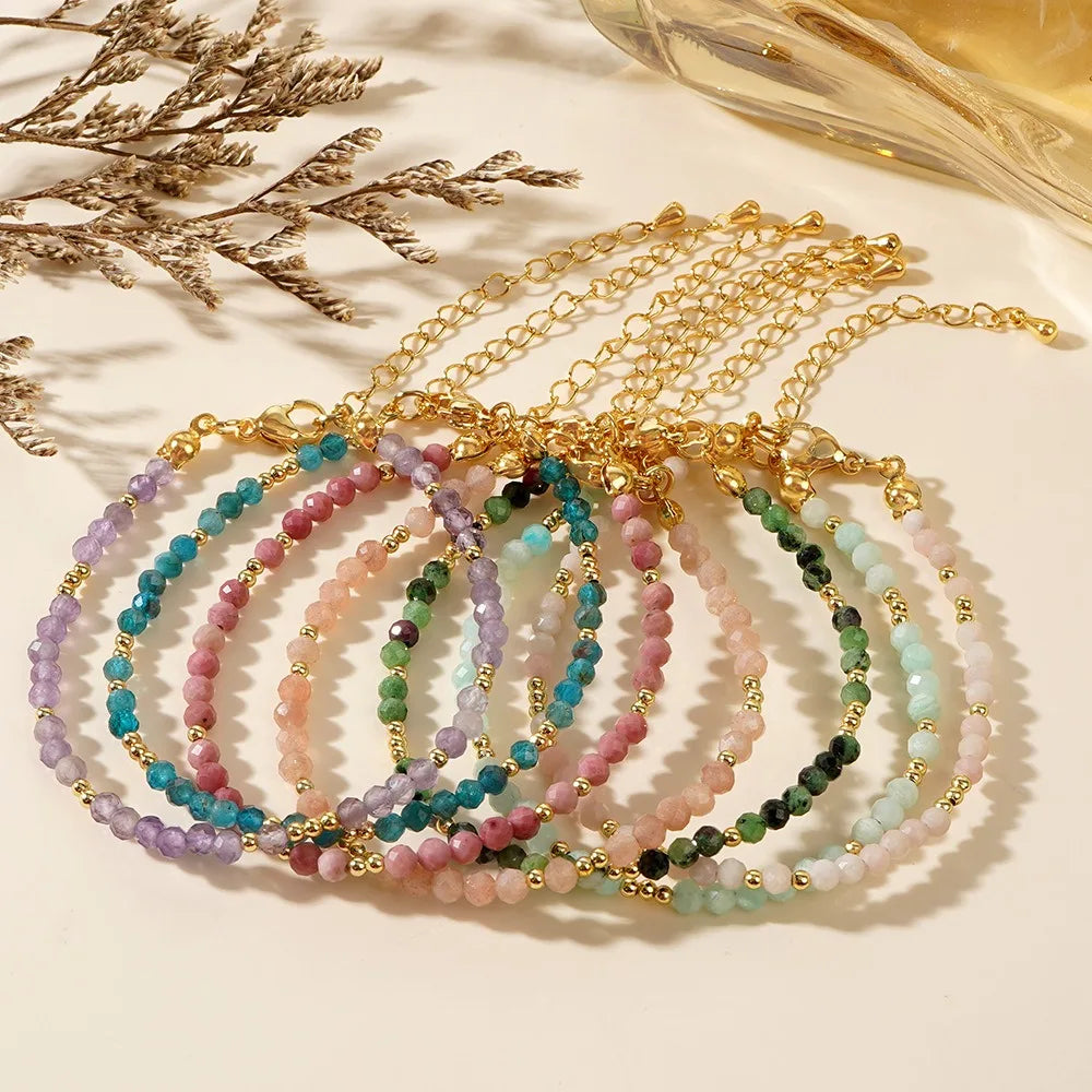 Elegant 3mm Tiny Seed Round Shape Faceted Cut Gemstone Beads Adjustable Stacking Bracelet Gold Plated Lock Stone Clasp Bracelet
