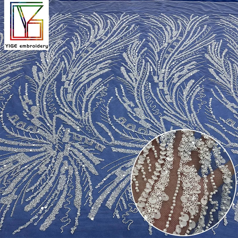 French Luxury White Beaded Bridal Lace Fabric Wedding Dress Beads Embroidery Lace With Sequins Laces Fabrics for Women