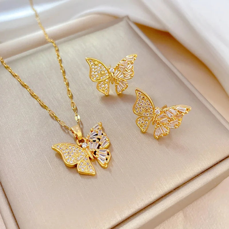 Real 18k Gold Plated Butterfly Jewelry 925 Silver Post Stud Earrings Stainless Steel Quality CZ Zircon Butterfly Necklace