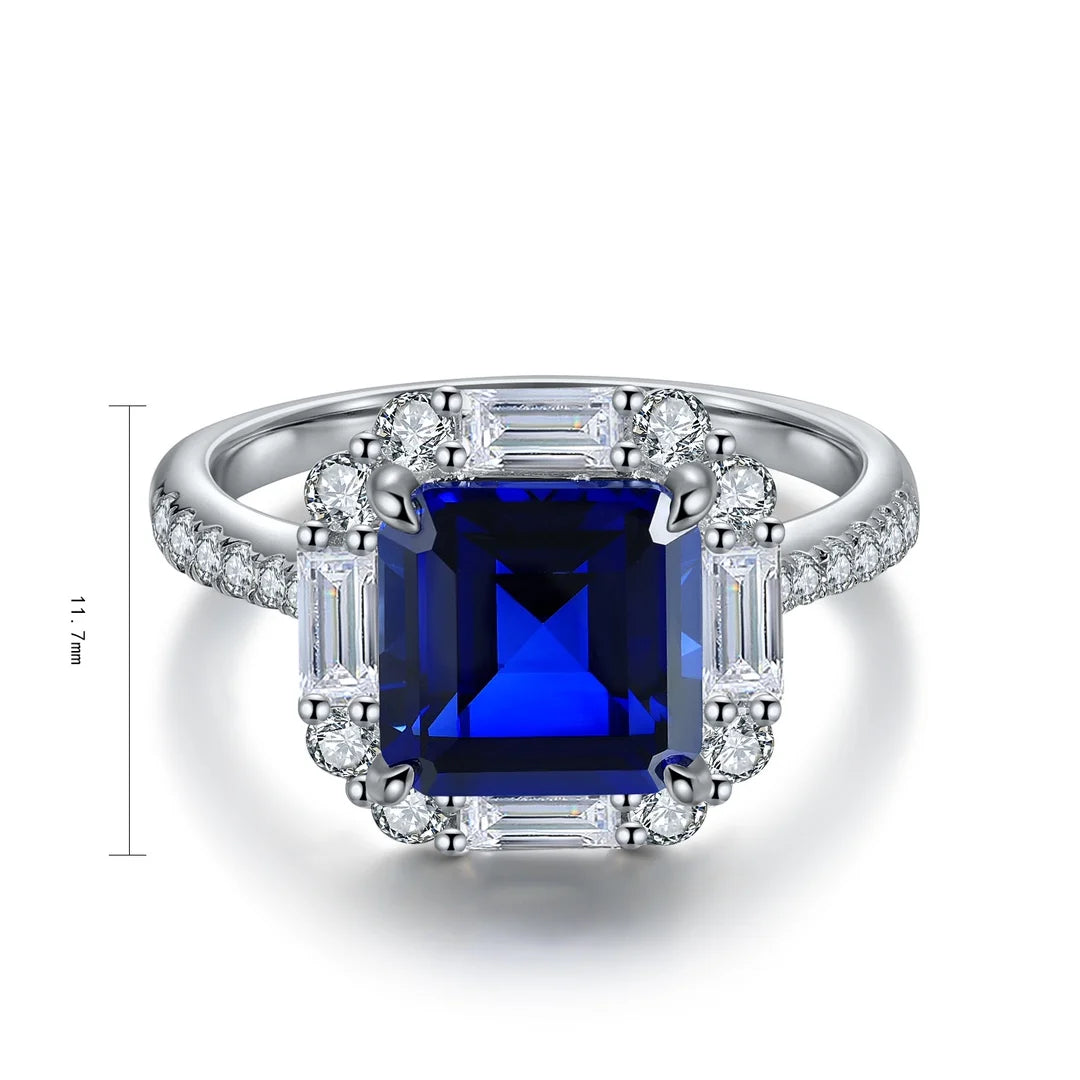 Exquisite Light Luxury S925 Silver Lab Grown Sapphire Asscher Cut Classic Design Women's Anniversary Ring with Prong Setting