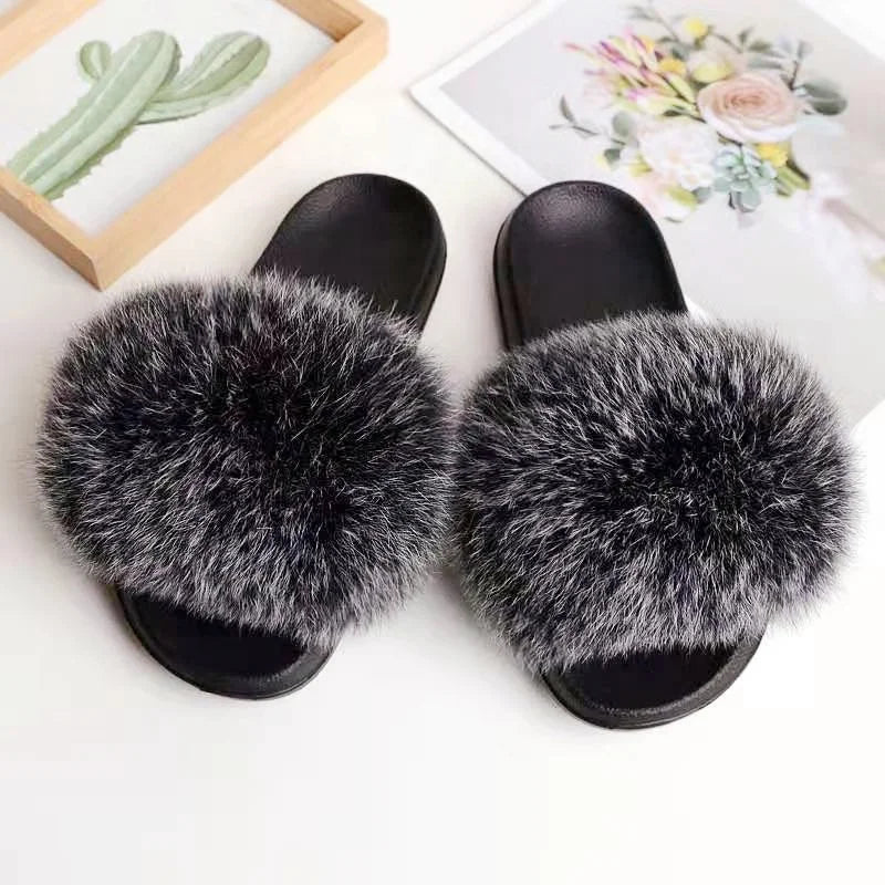 Women's Fluffy Sandals for Slippers with Real Raccoon Fur Custom Logo Black Brown Pink PVC Light Weight Slides for Autumn Season