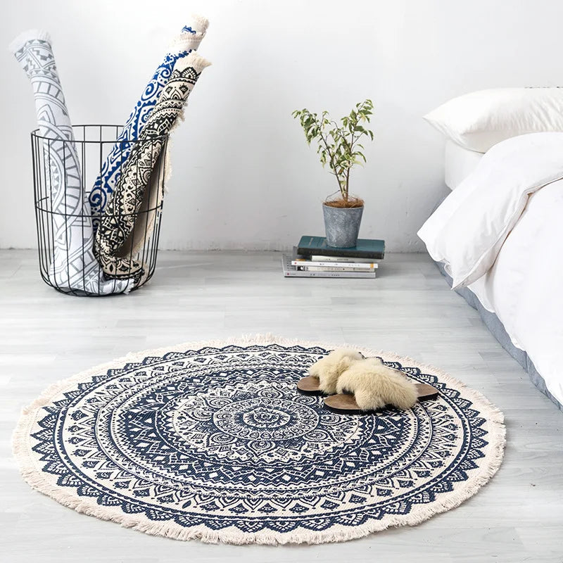 Bohemian Round Handmade Carpet Floor Mat Washable Polyester Printed Rug for Home Decor Woven Technique